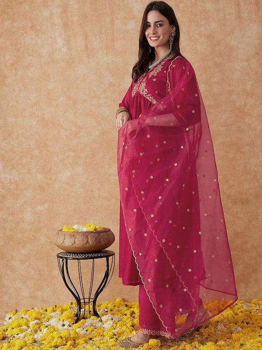 Manasvi Embroidery Vichira Silk Alia Cut Kurti With Bottom Dupatta
